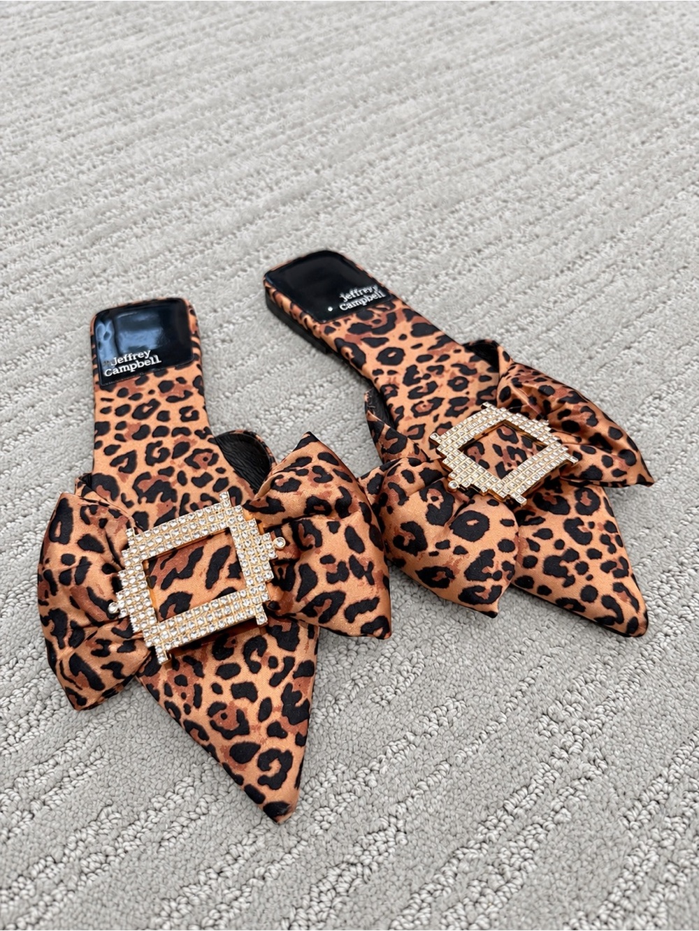 Jeffrey Campbell Leopard Satin Bow Rhinestone Pointed Mules 6.5